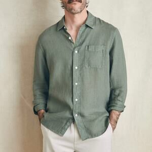 Faherty Linen Laguna Storm Desert Olive Long Sleeve Shirt S NEW Green Button Up